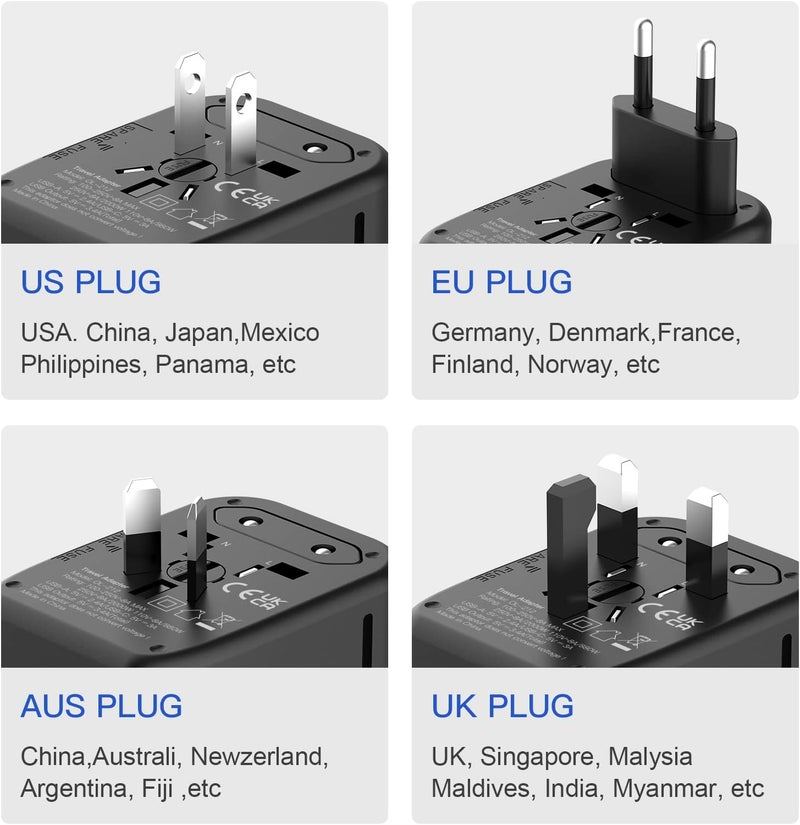 VYLEE Universal Travel Adapter, 5 in 1 International Power Adapter, 3.5A 2xUSB-A and 2xUSB C Wall Charger, Worldwide Travel Essentials Plug for Europe USA UK AUS Asia (Black) - Image 4